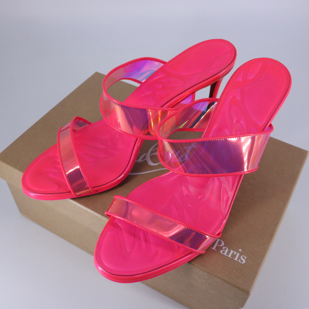 Christian Louboutin 40 Just Loubi 85mm Neon Pink Fluo Barbie PVC Sandals E751 - Picture 9 of 12